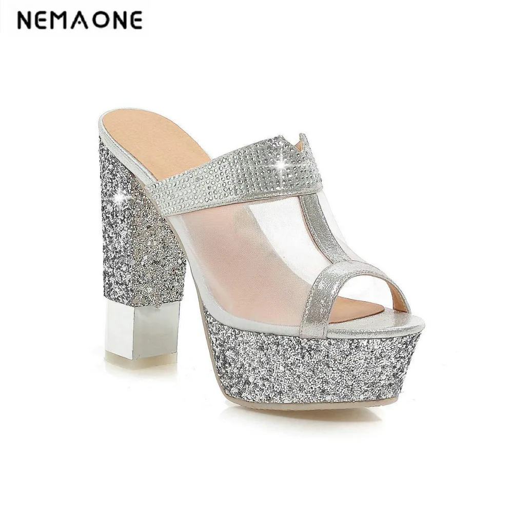 

New 2018 luxury platform high heels women slipper sexy party slides high heeled women sandals large size 34-43