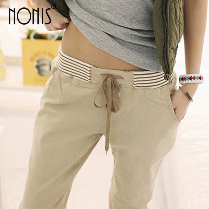 Nonis весенние женские новые тонкие обтягивающие хлопковые брюки на шнурке с эластичным поясом и карманами, длинные брюки-шаровары, женские повседневные брюки