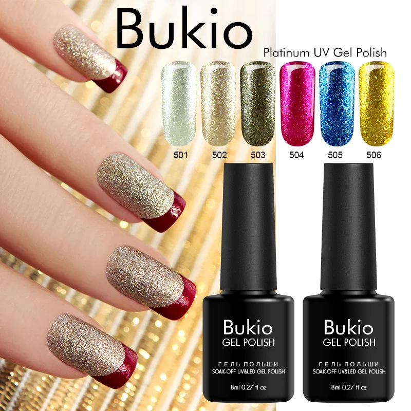 

Bukio Colorful Jelly Gel Soak Off Platinum UV Nail Polish Shiny Glitter Sequins Need Top Base Coat Nail Art Varnish Lacquer 8ML