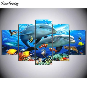 

REALSHINING DIY Diamond Painting Cross Stitch Needlework 5D Diamond Embroidery Full Square Home Decorative Ocean Dolphins DM291