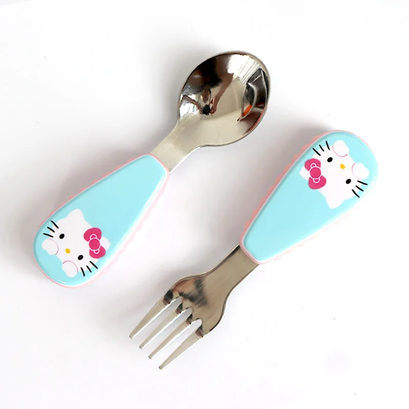 Kids Spoon Children Stainless Steel Fork Case Portable Safety Baby Feeding Utensils Training Dinnerware 2pcs/ Set - Цвет: Kitty