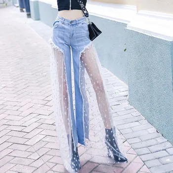 

Sexy Hip Women Push Up Mesh Stretch Demin Pants Flare Jeans Elastic Trousers High Waist Flared Demin Jeans Wide Leg Pants Plus