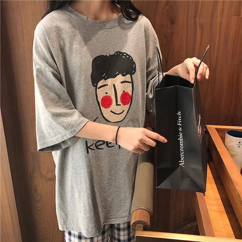 

Korea summer new cute cartoon tees oversize fashion casual tops cartoon letter print fun punk short sleeve loose female t-shirt