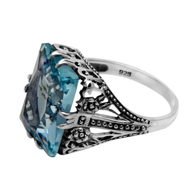 Szjinao 925 Sterling Silver Rings for Women Fashion Aquamarine Ring Frame Flowers Antique Wedding Ring