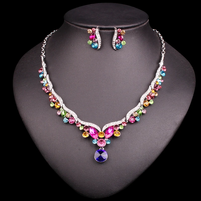 Женский ювелирный комплект из колье и серёг с кристаллами|crystal bridal jewelry set|costume