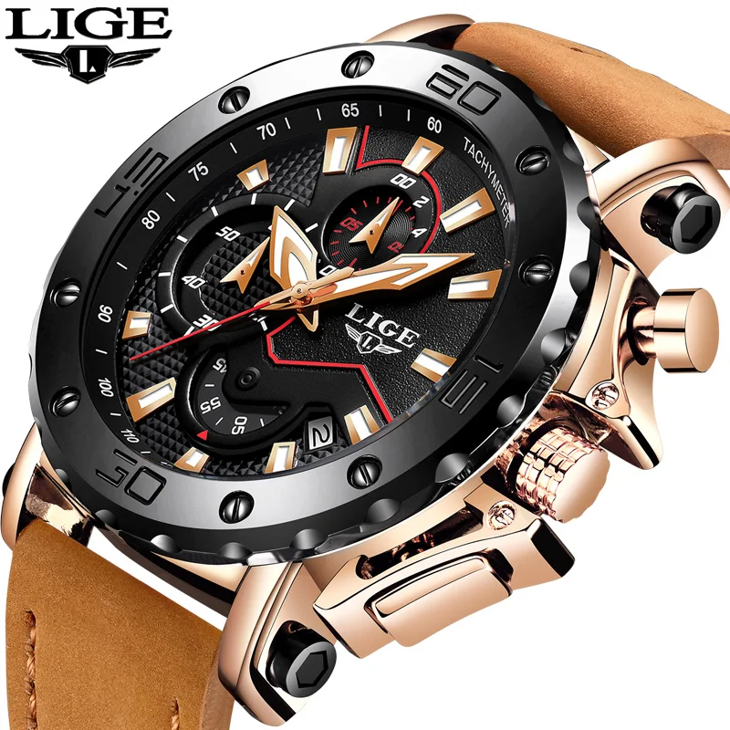 

LIGE Men Watches Male Business Date Chronograph Waterproof Quartz Watch Men's Casual Leather Large Dial Military Watch Relogio