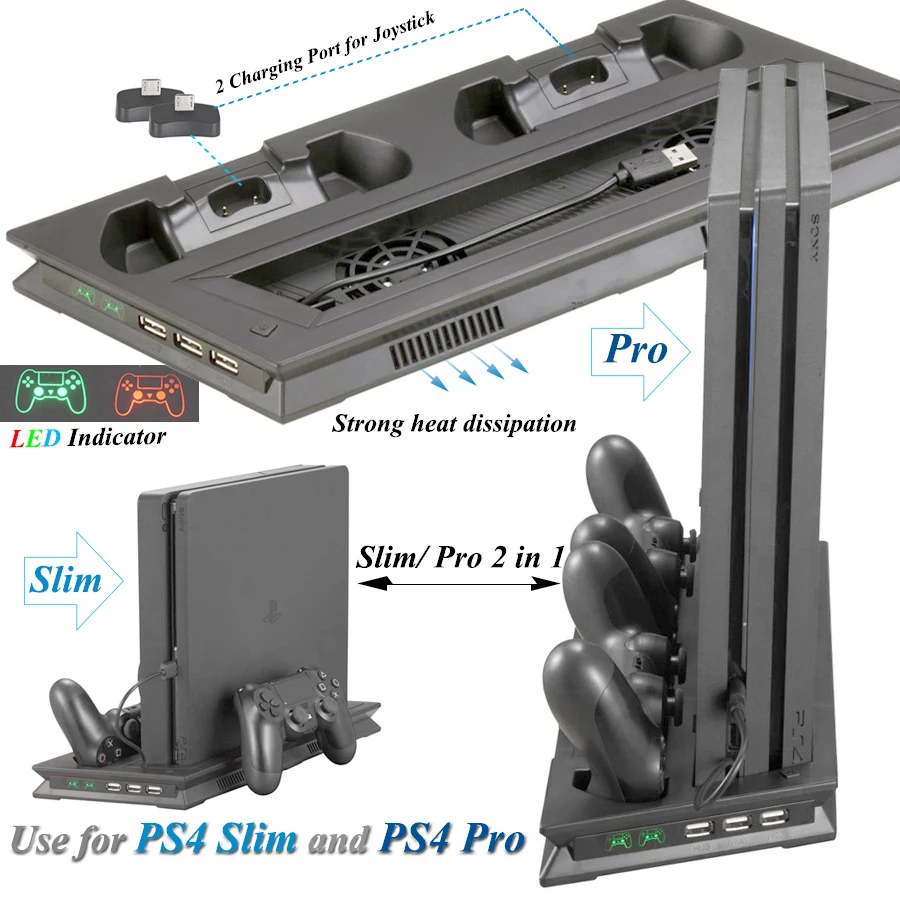 

PS4 Slim Pro 2 In 1 Console Cooler Fan Stand with P S4 Controller Charger Dock Station for Sony Playstation 4 Slim Pro Games