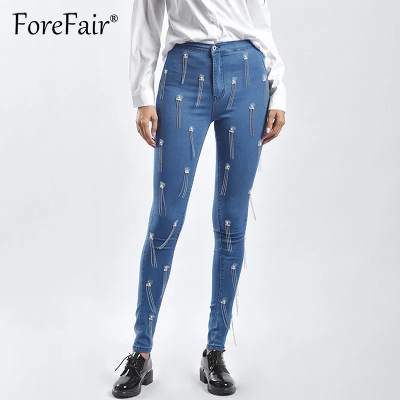 

Forefair Blue Stretch Skinny Jeans Woman High waist denim pencil pants Jean 2019 Women Beading Tassel Casual Plus Size Jeans