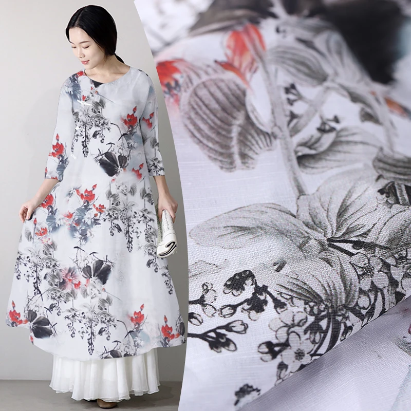 

Lotus Digital Inkjet Silk Linen Fabric Dress Cheongsam Chinese Silk Fabric Natural Linen Fabrics Wholesale Cloth Per Meter