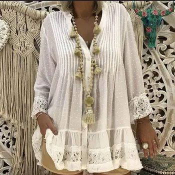 

Women's Lace Chiffon V-Neck Tunic Shirt Long Sleeve Solid Loose Womens Tops and Clothes 2020 Spring Summer Shirts Plus Size