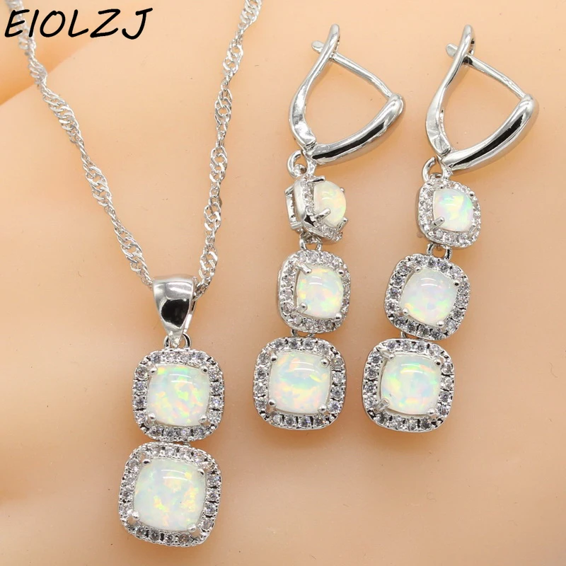 

925 Sterling Silver Necklace Sets For Women Square White Opal Bridal's Earring Sets Dangle Earrings Choker Gift Box Free Ship
