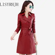 Прямые продажи, новинка, женская кожаная куртка, зима-осень, длинная, тонкая, двубортная, с галстуком, пальто