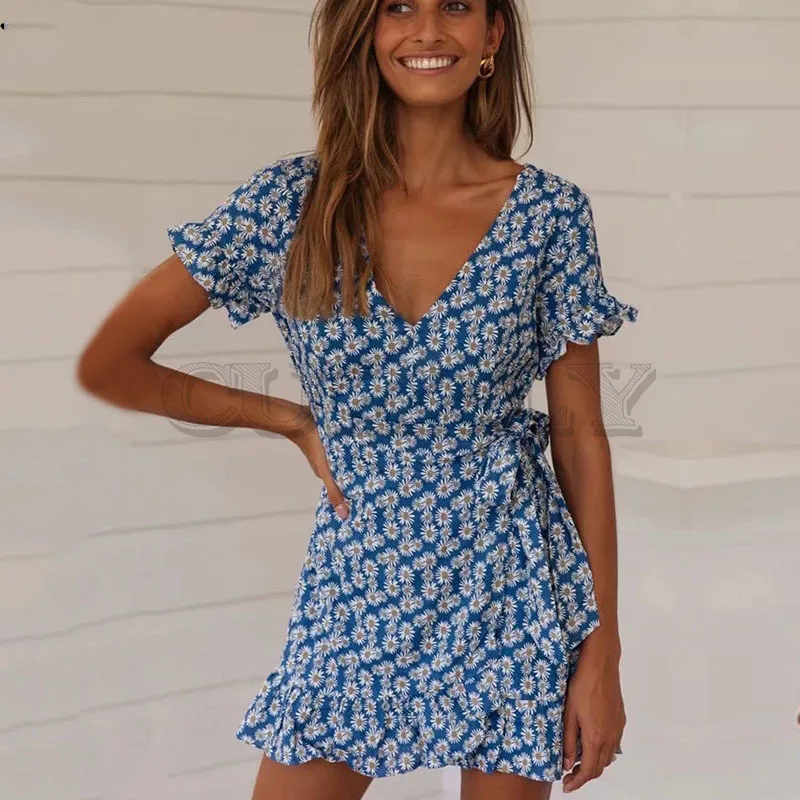 

Cuerly Sexy floral print short ruffle dress women Summer elegant beach wrap dress female Casual cute mini dresses vestidos L5
