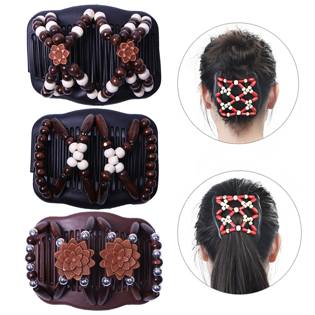 Double Beaded Hair Clip Combs Beads Elastic Hairpin Bun Maker Pins Easy Updo Styling MH88
