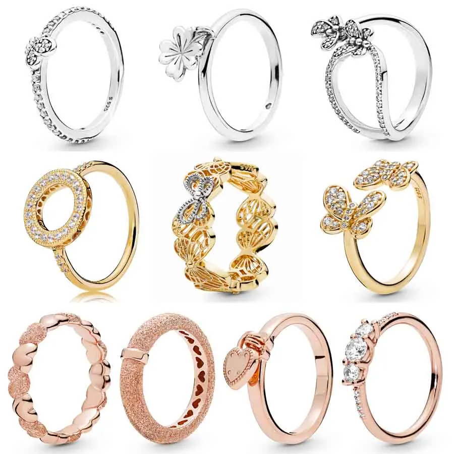 

Shine Rose Golden Butterflies Love Lock Matte Brilliance Hearts Ring 925 Sterling Silver Ring For Women Diy Pandora Jewelry