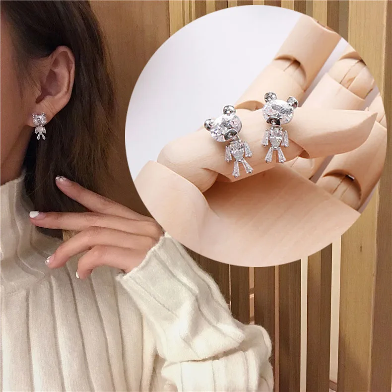 

2018 Sweet Cute AAA Cubic Zircon Active Cartoon Bear S925 Sterling Silver Stud Earrings for Women Wedding Bridal Charm Jewlery
