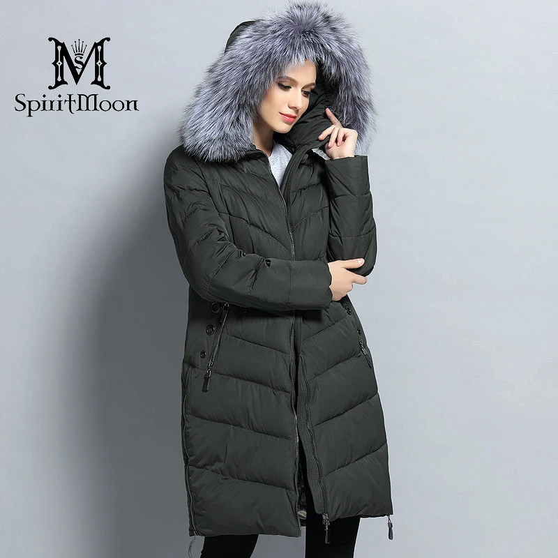 SpiritMoon 2017 Длинный Зимний Женский Пуховик Длинная Теплая Зимняя Женская Куртка с