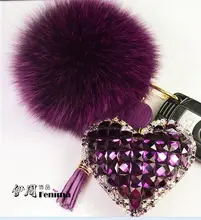 Fur Pom Pom Fluffy Genuine Rabbit Fur Ball Keychain Crystal Heart Pendant For Women Bag Charm KeyringWomen Bag Accessories