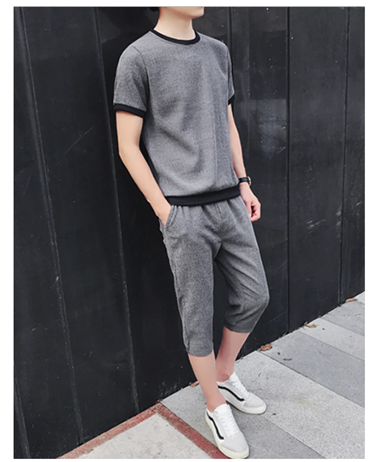 

Two-piece suit men's short-sleeved ice silk T-shirt casual loose linen clothes