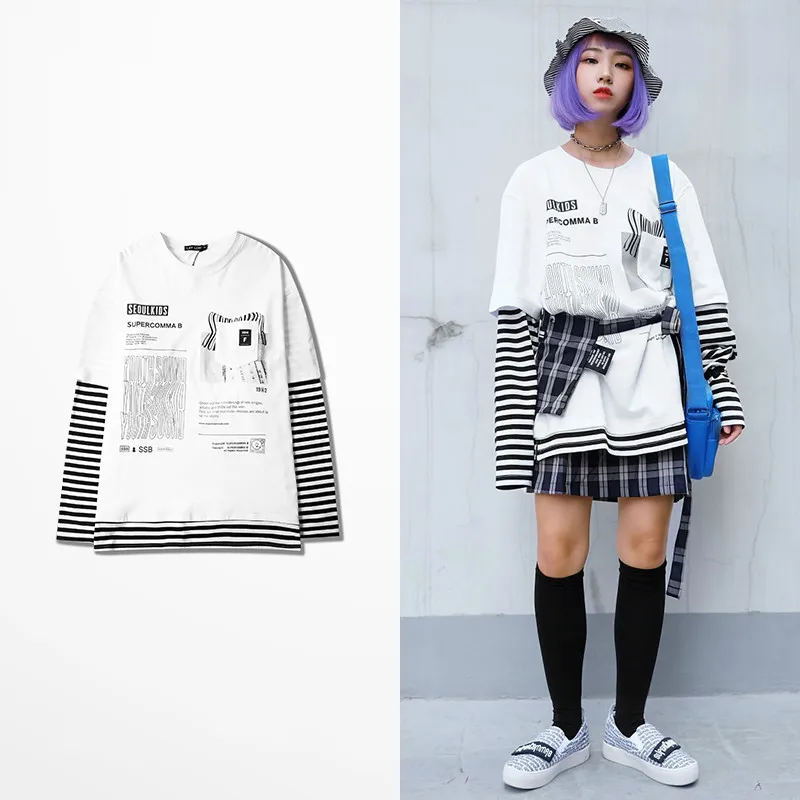 

High Street Tide Brand Letter Print Long Sleeve T Shirts Men Fake Two Piece Strip Pocket Tshirt Men Skateboard Hip Hop Tee Shirt