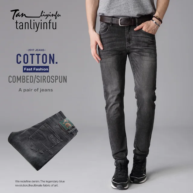 Tanliyinfu2017 весной и летом новый высококачественный серые мужские джинсы 98% хлопок, 2% спандекс, мода Тонкий Прямые джинсы мужчины