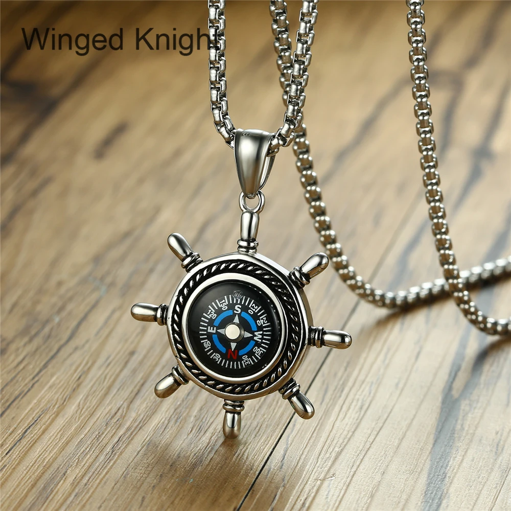 

High quality Rudder Compass Pendant Necklace for Men Titanium Steel Outdoor Hiking Unisex Jewelry Gift