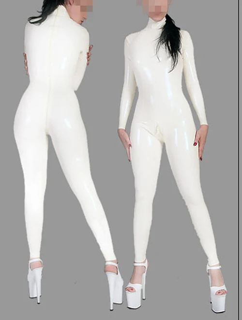 

Handmade white latex rubber catsuit back 2way zipper custom made rubber zentai