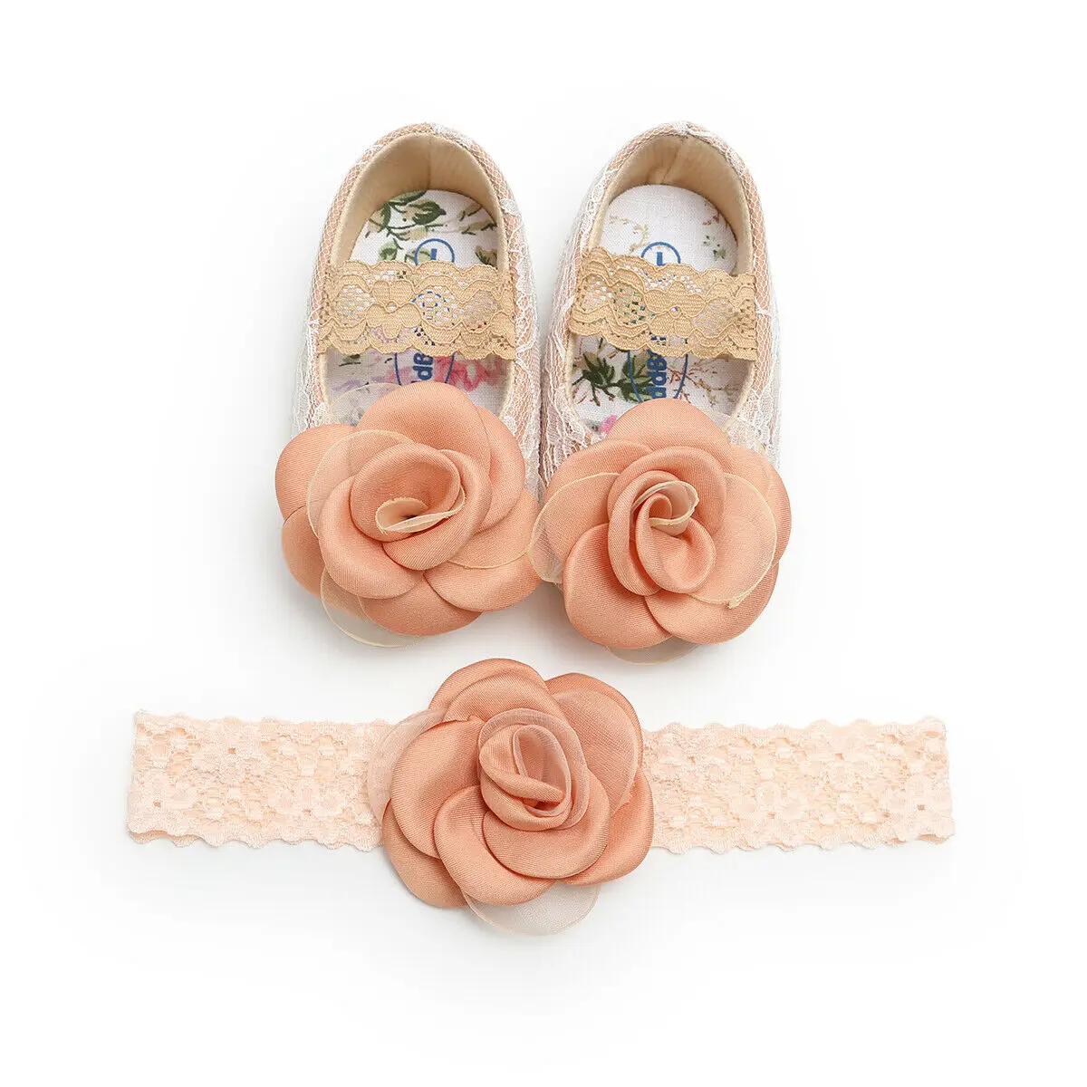 Г. Летняя детская обувь для первых шагов для маленьких девочек, дышащая кружевная обувь с цветами+ повязка на голову, комплекты из 2 предметов реквизит для фотосессии с большим цветком - Цвет: Шампанское