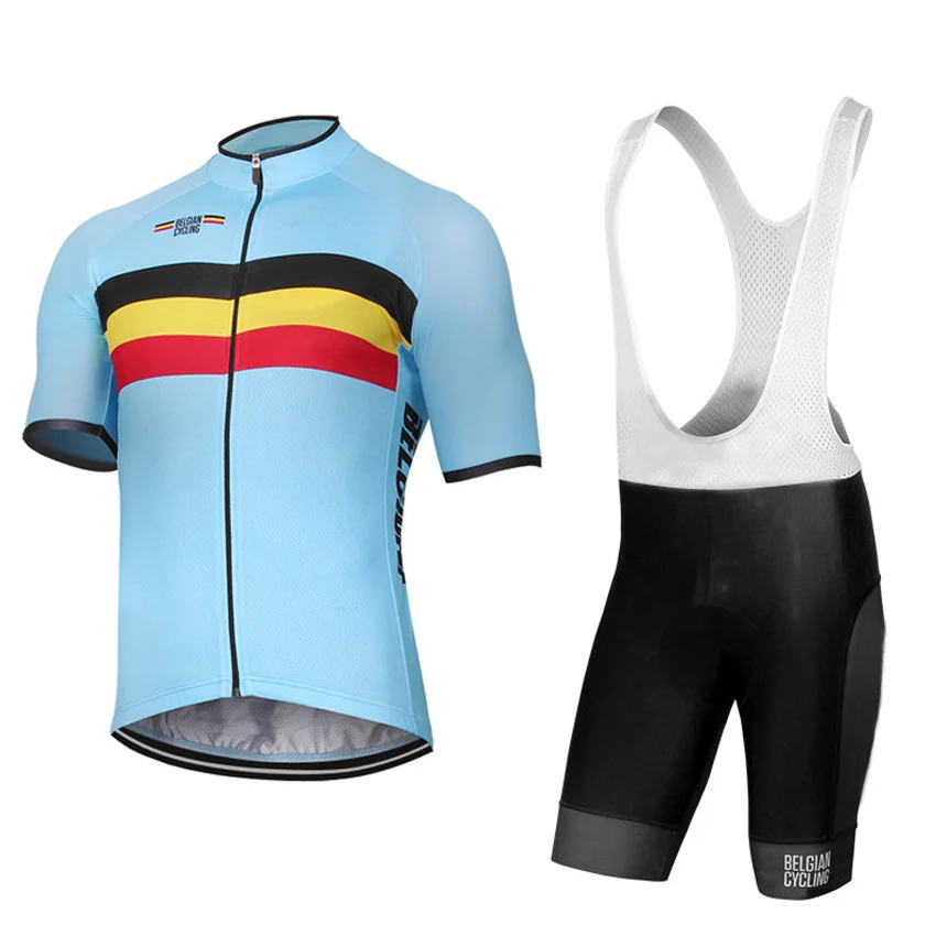 Goede Belgi euml; Belgische Wielertrui en Broek Kit Mannen Korte mouwen Fiets Kleding Sneldrogende Ademend Bib Broek met GEL Pad