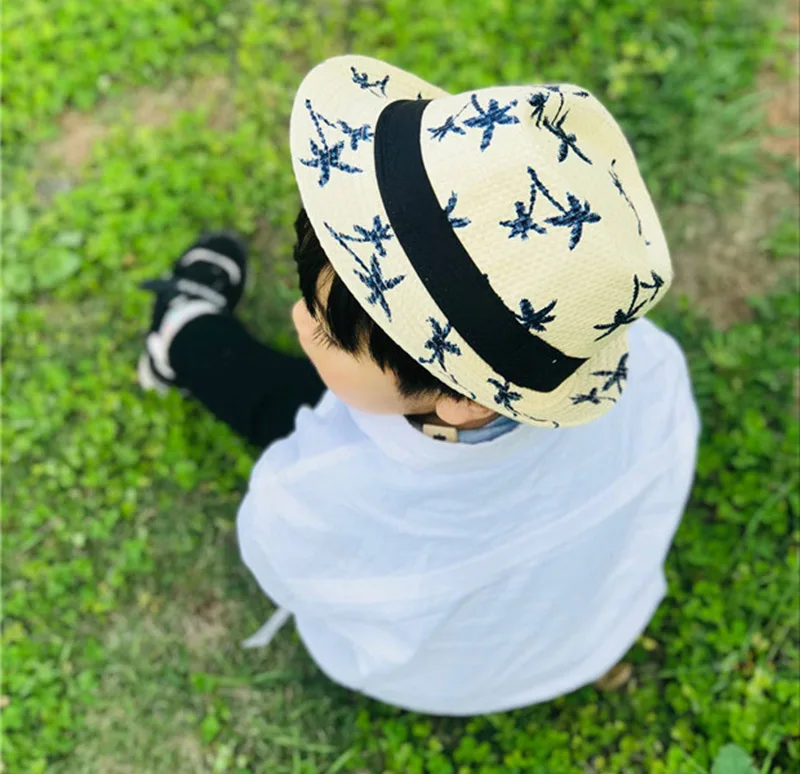 Fashion Unisex Coconut Tree Jazz Straw Hat Kids Trilby panama Hats Women Men Casual Beach Bucket Cap Summer Sunscreen Cap CP0263 (7)