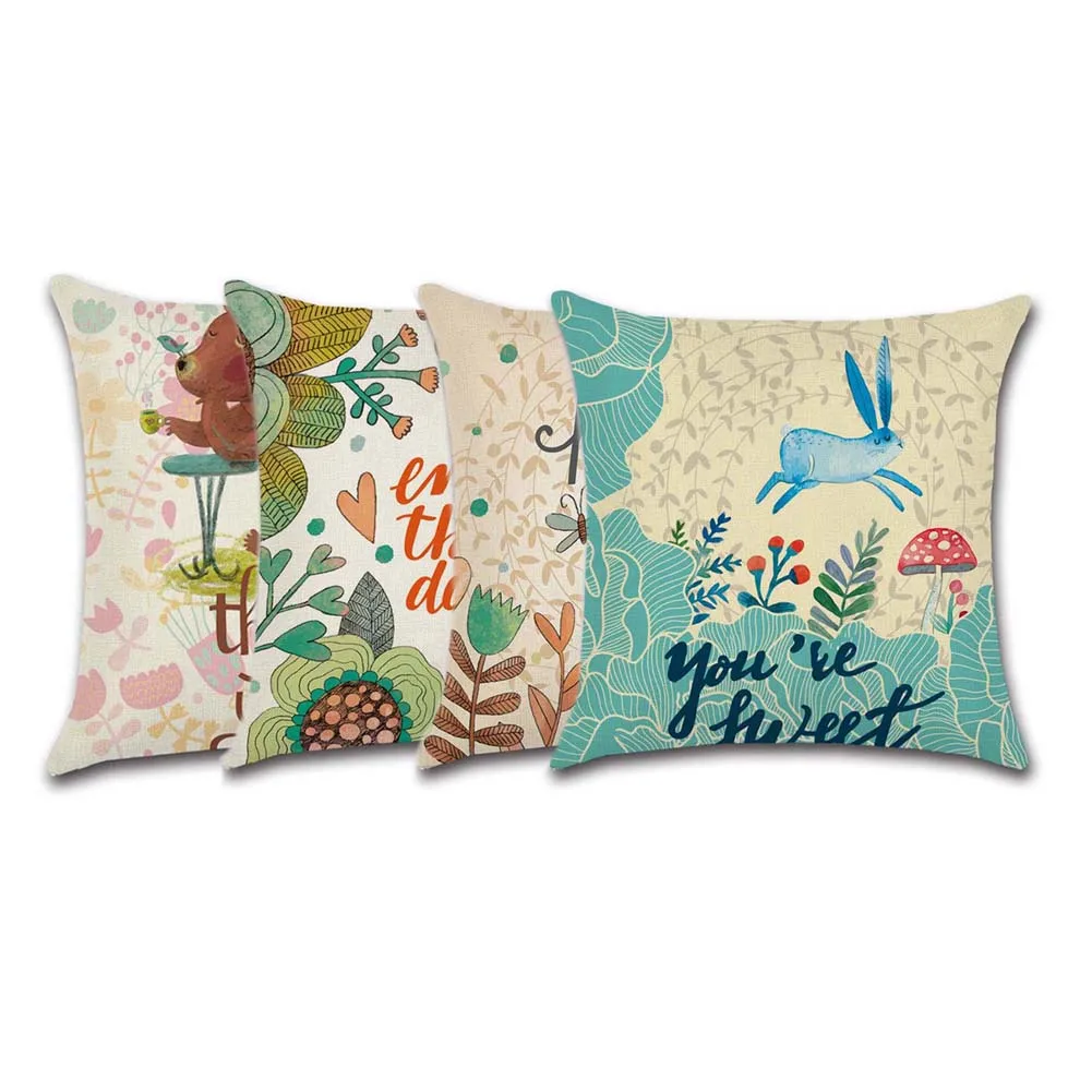 Cartoon Jungle Animals Cushion Cover Linen Fox Lion Bear Bee Pattern Decorative Pillow Case Throw Pillow Cover