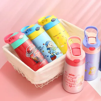

New 400Ml Baby mug stainless steel student duckbill child insulation cup with straw cute cartoon straw Vacuum Flasks & Thermoses
