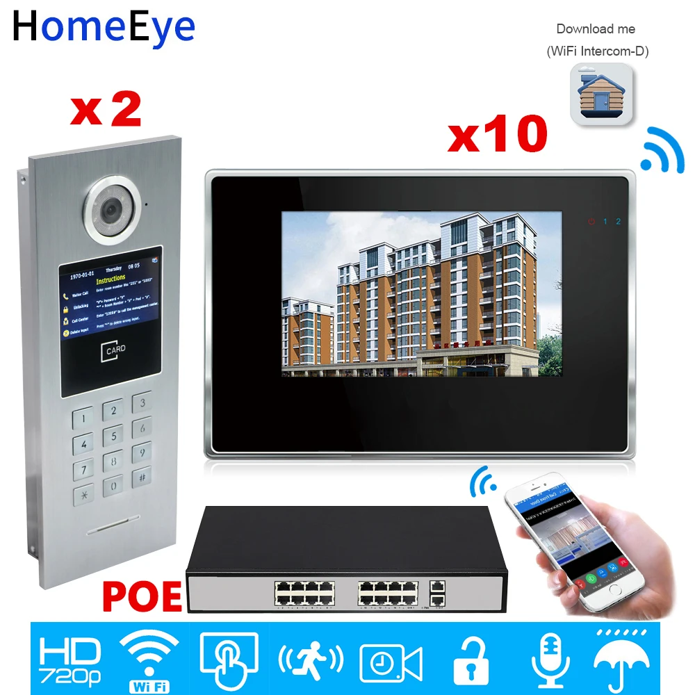 WiFi IP Video Door Phone Intercom Video Door Bell Access Control System Password/RFID Card iOS Android APP/2 Doors 10 Apartments