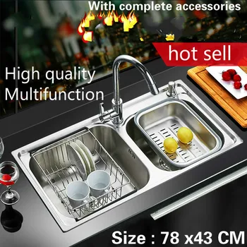 Best Free Shipping Food Grade 304 Stainless Steel Hot Sell Kitchen Sink 0.8 Mm Thick Ordinary Double Trough 78 X43 CM