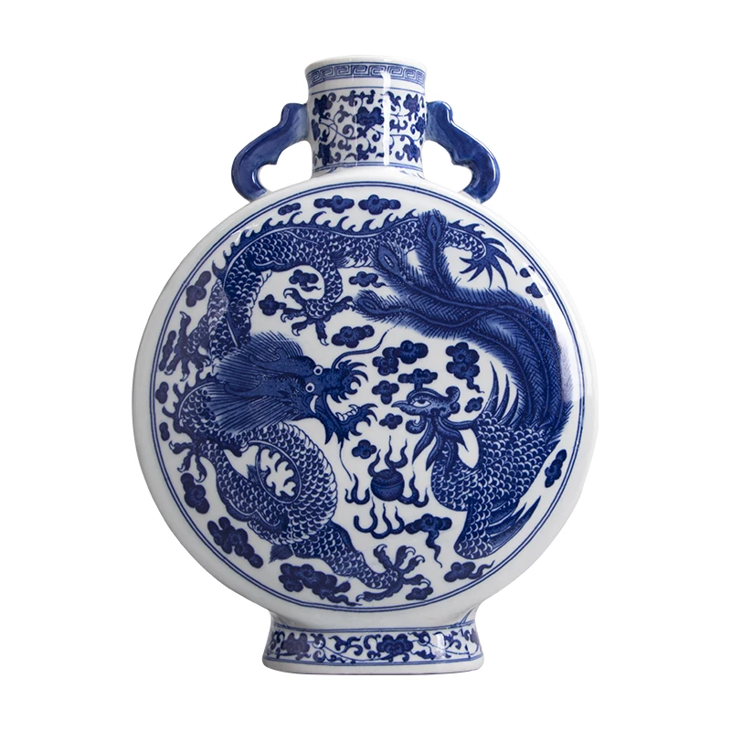 Miisoa Jingdezhen Blue and White Ceramic Porcelain Double Ears Round Vase Home Decor Dragon Phoenix Traditional Chinese Vase