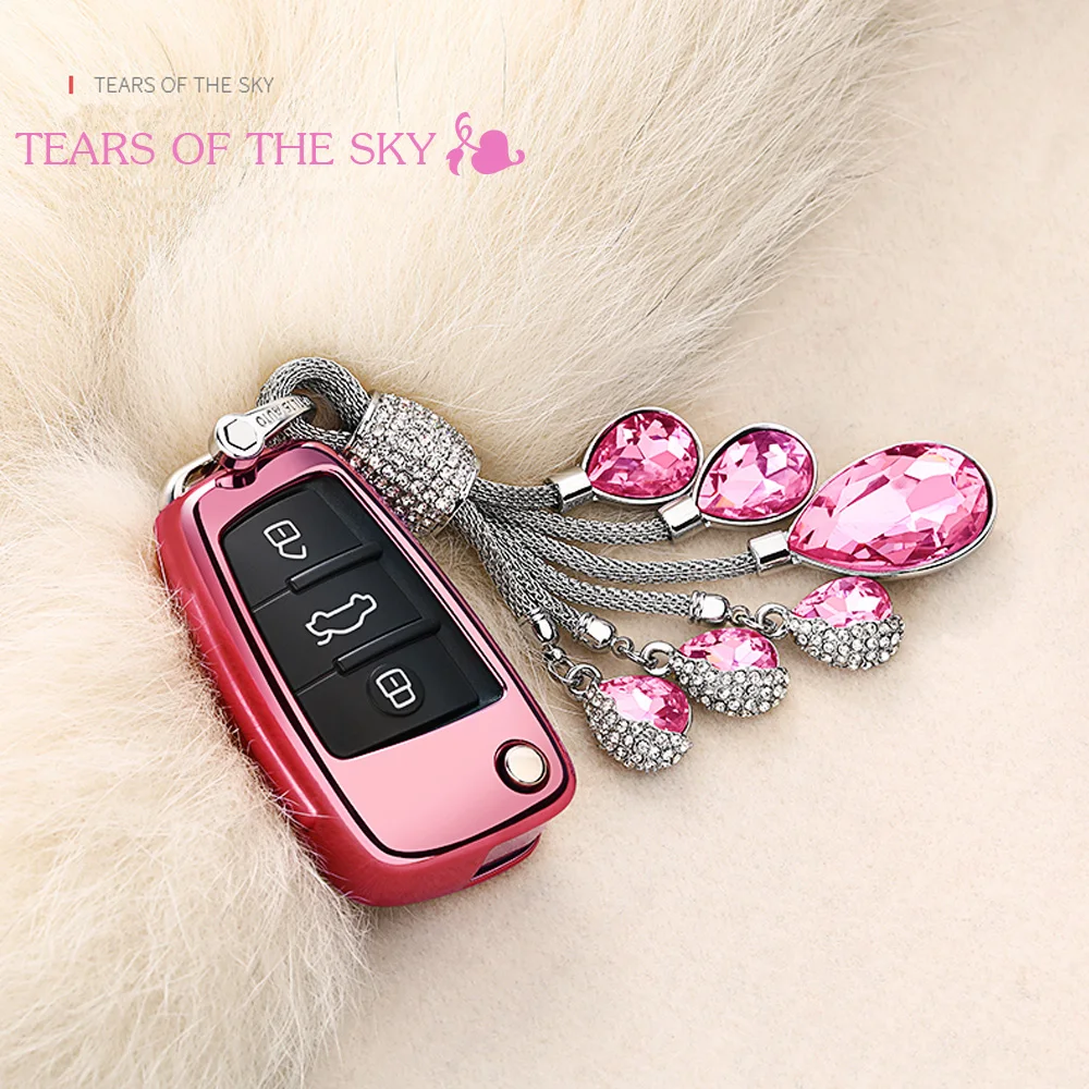 

3 Buttons Folding TPU Soft case for Audi A1-A7 TT Q3 Q5 Q7 R8 S6 S7 S8 SQ5 RS5 Artificial Crystal Pendant Waven key shell cover