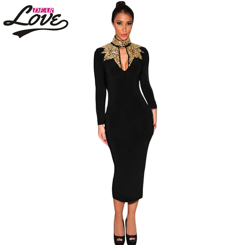 Buy Cheap Dearlove Long Sleeve vestido vintage autumn dresses roupas femininas party dress Black Gold Sequins Mock Neck Midi Dress LC6908