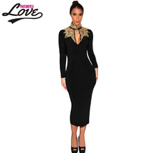 Dearlove Long Sleeve vestido vintage autumn dresses roupas femininas party dress Black Gold Sequins Mock Neck Midi Dress LC6908