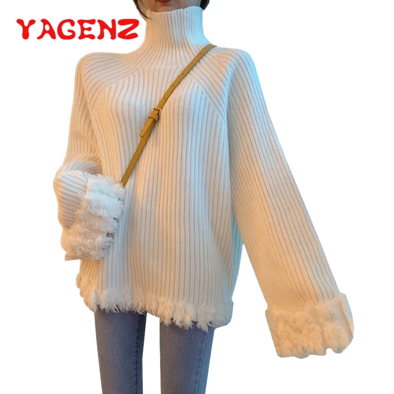 

YAGENZ Korean Pullover Knitted Sweaters Women Loose Autumn And Winter Turtleneck Sweater Casual Fringe Design Sweater Female 262