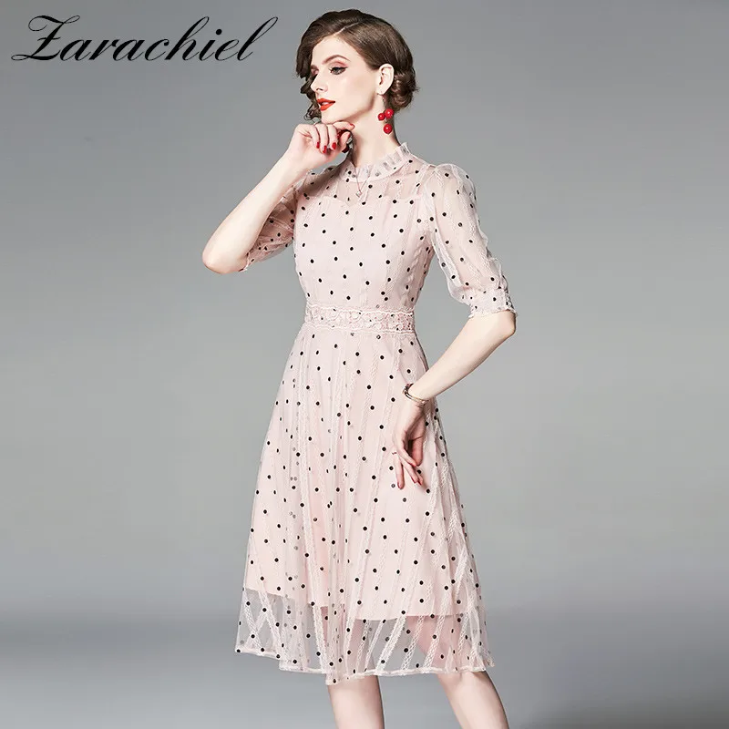 

Stand Collar Bubble Sleeve Mesh Lace Dress 2019 New Women Dot Sweet Summer Dress Ladies Girls Pink Party Tulle Dress Vestidos