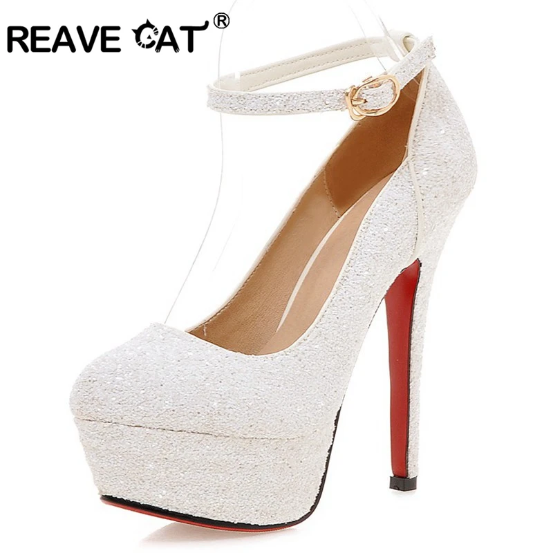 REAVE CAT/блестящие свадебные туфли-лодочки на очень высоком каблуке-шпильке 13,5 см; свадебные туфли на платформе с ремешком на щиколотке и пряжкой; цвет золотистый, Серебристый; вечерние туфли; US12