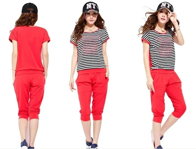 One Set Slim Sportswear  For Lady Summer Woman  Short Sleeve with Pants