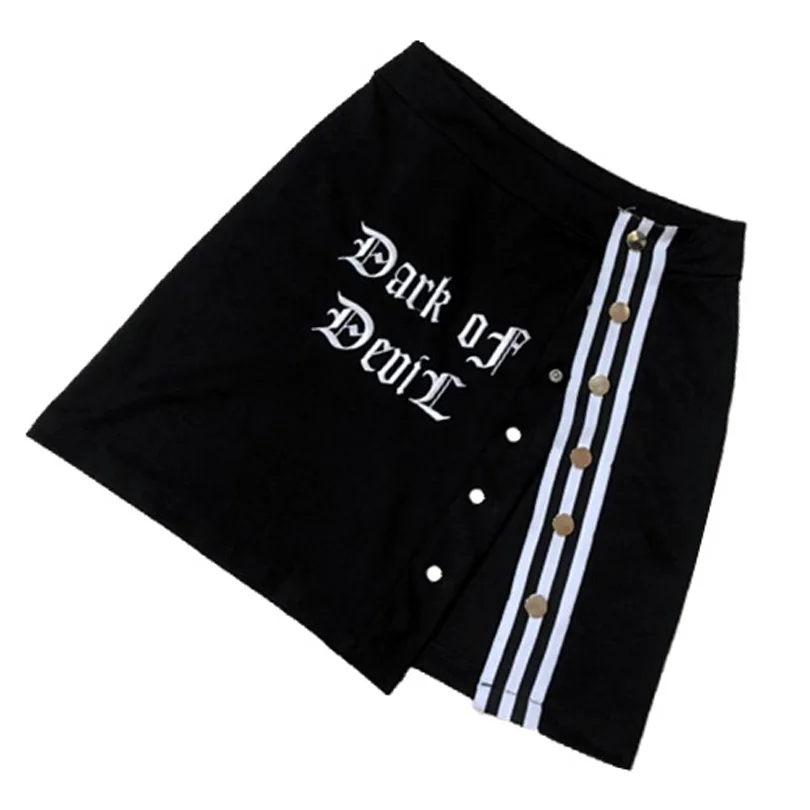 

Harajuku Punk Style Striped Irregular Skirts Dark of Devil Embroidery Women Asymmetrical High Waist Buttons Girls Gothic Skirts