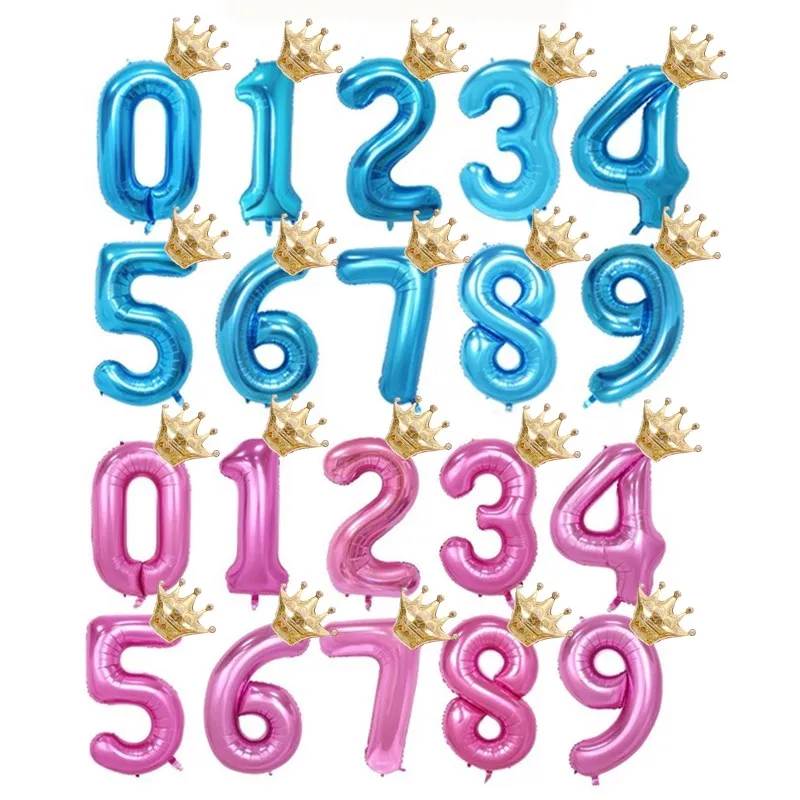 

2PCS Blue Pink Number with Crown Balloon 1st Happy Birthday Balloons Baby Shower Party Decoration Kids Boy Girl Party Ballon