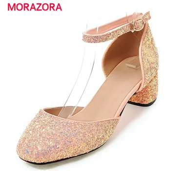 

MORAZORA Size 34-43 square med heels shoes buckle solid summer shoes party contracted women shoes pumps 5 colors