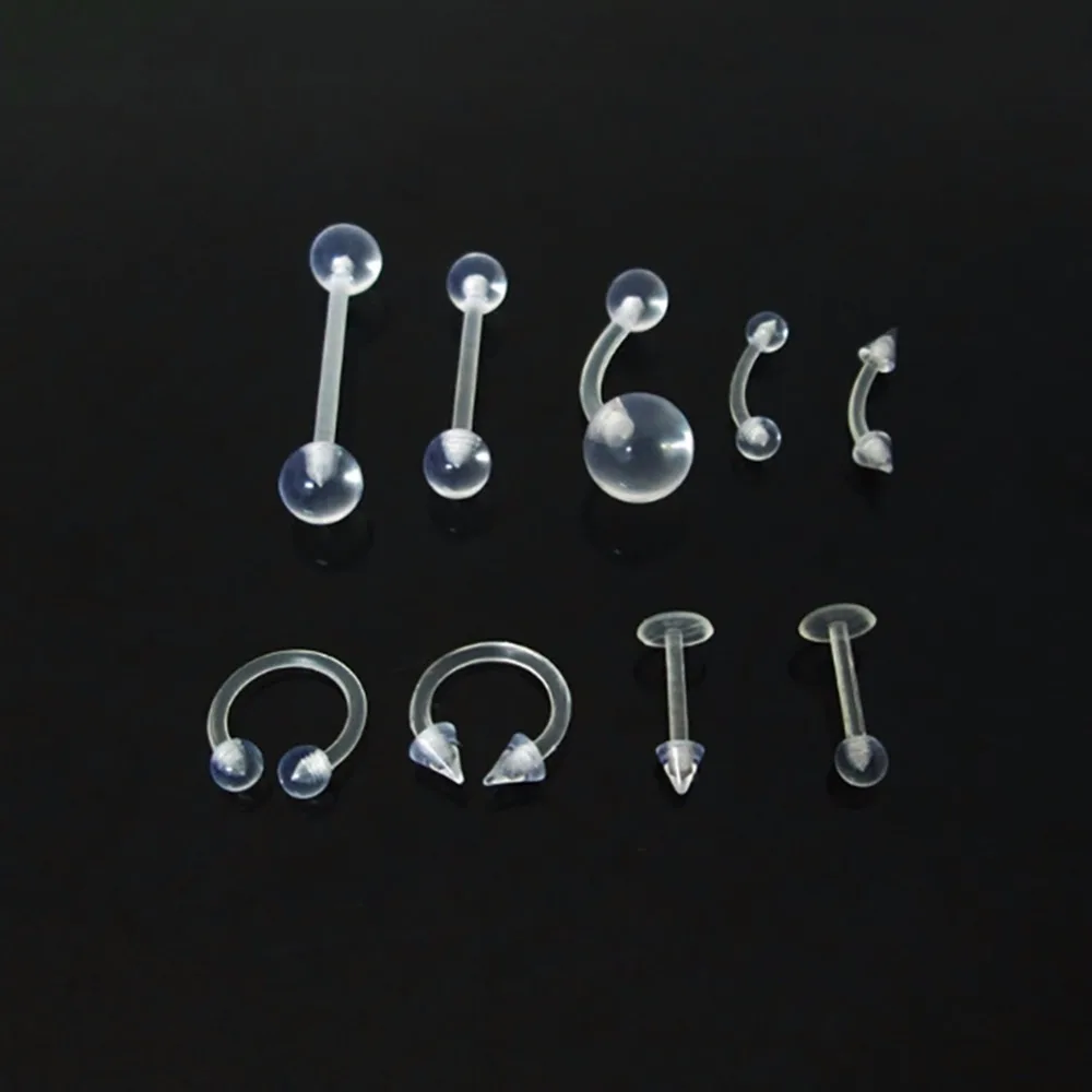 

9Pcs/Set Newest transparent Nose Ring Body Piercing Stud Screw BioFlex Nose with Bezel Set Gem UV Acrylic Body Jewelry #260111