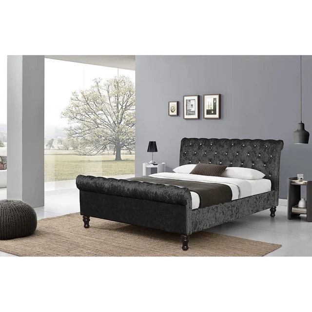 Crushed Velvet Bed Fabric Upholstered Chesterfield Sleigh Bed Frame
