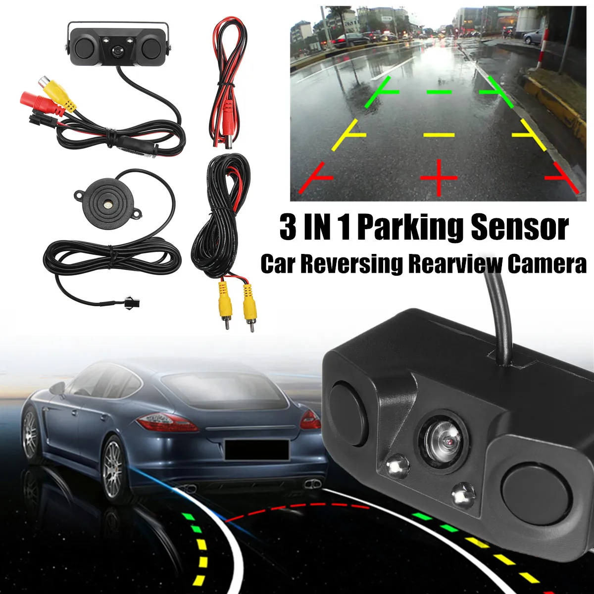 3 in 1 LED Angle of 170 Car Reversing Rearview Camera With Backup Radar Parking Sensor Waterproof Class IP67 Video Type NTSC/PAL