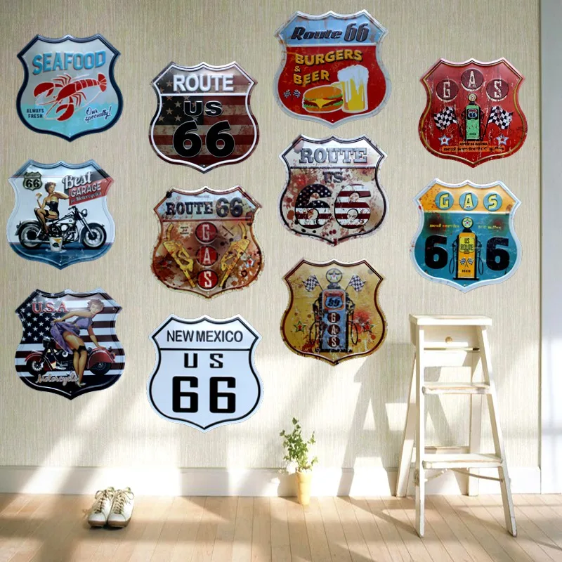 ROUTE 66 морепродукты бургеры пивной бар кофе металл нерегулярные оловянные вывески