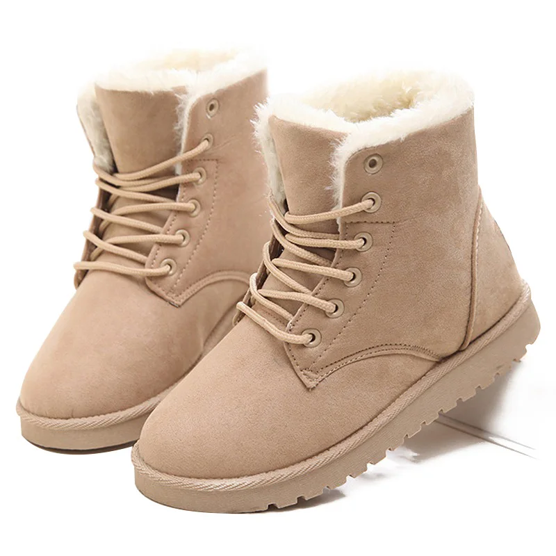 Womens Classic Lace Mid-Calf Flat Fur Short Snow Boot Winter Shoes for Sport Warm